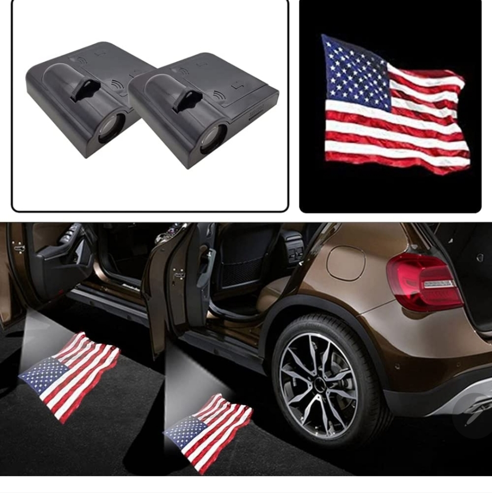 2 Universal wireless American flag LED car door projector lights no tools